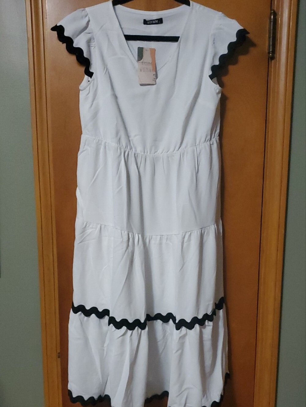 Women's White Tiered Dress with Black Scalloped Trim